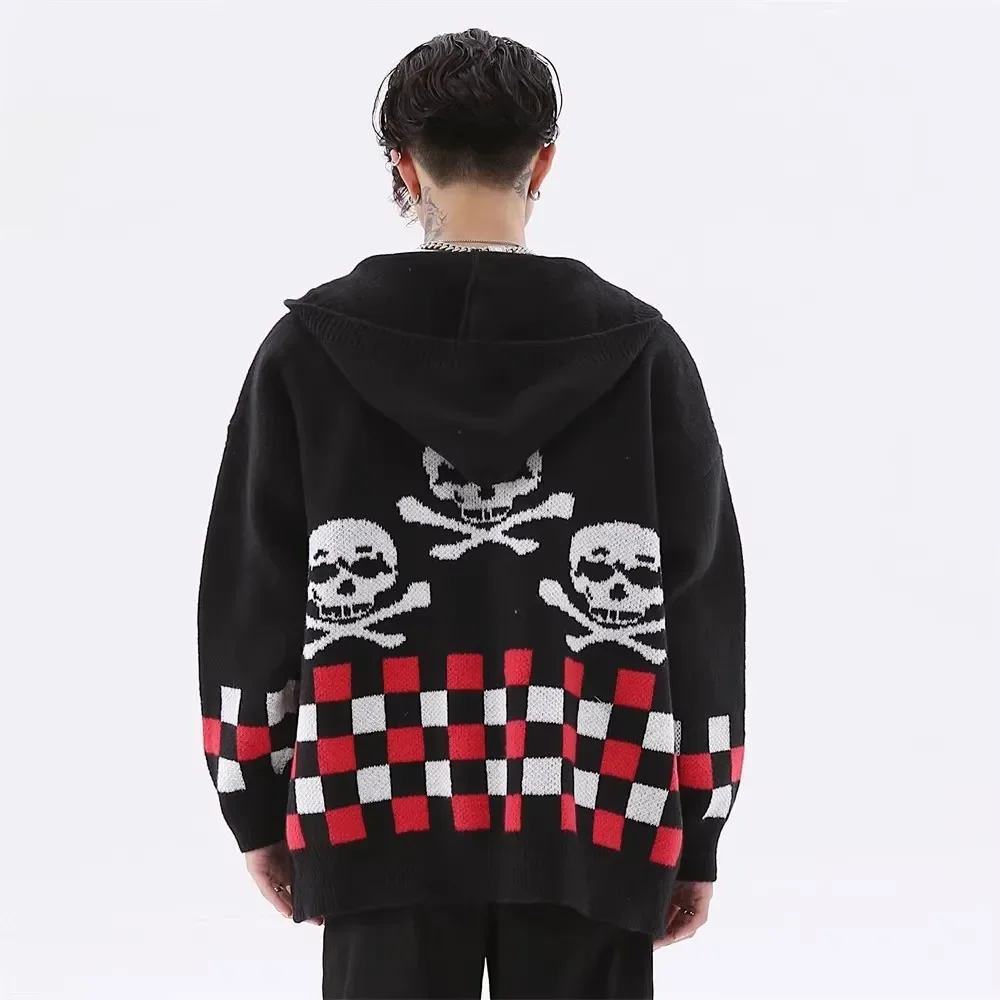 Autumn Winter Men's Skull Pattern Hooded Sweater Fashion Street Contrast  Overcoat Comfortable Casual Checkered Knitted Cardigan