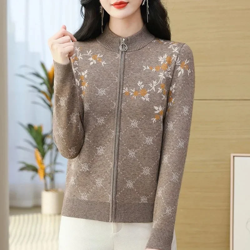 2025 Vrouwen Jacquard Truien Vest Lente Herfst Dames Stand Kraag Trui Jas Koreaanse Vrouwelijke Lange Mouwen Breien Jas