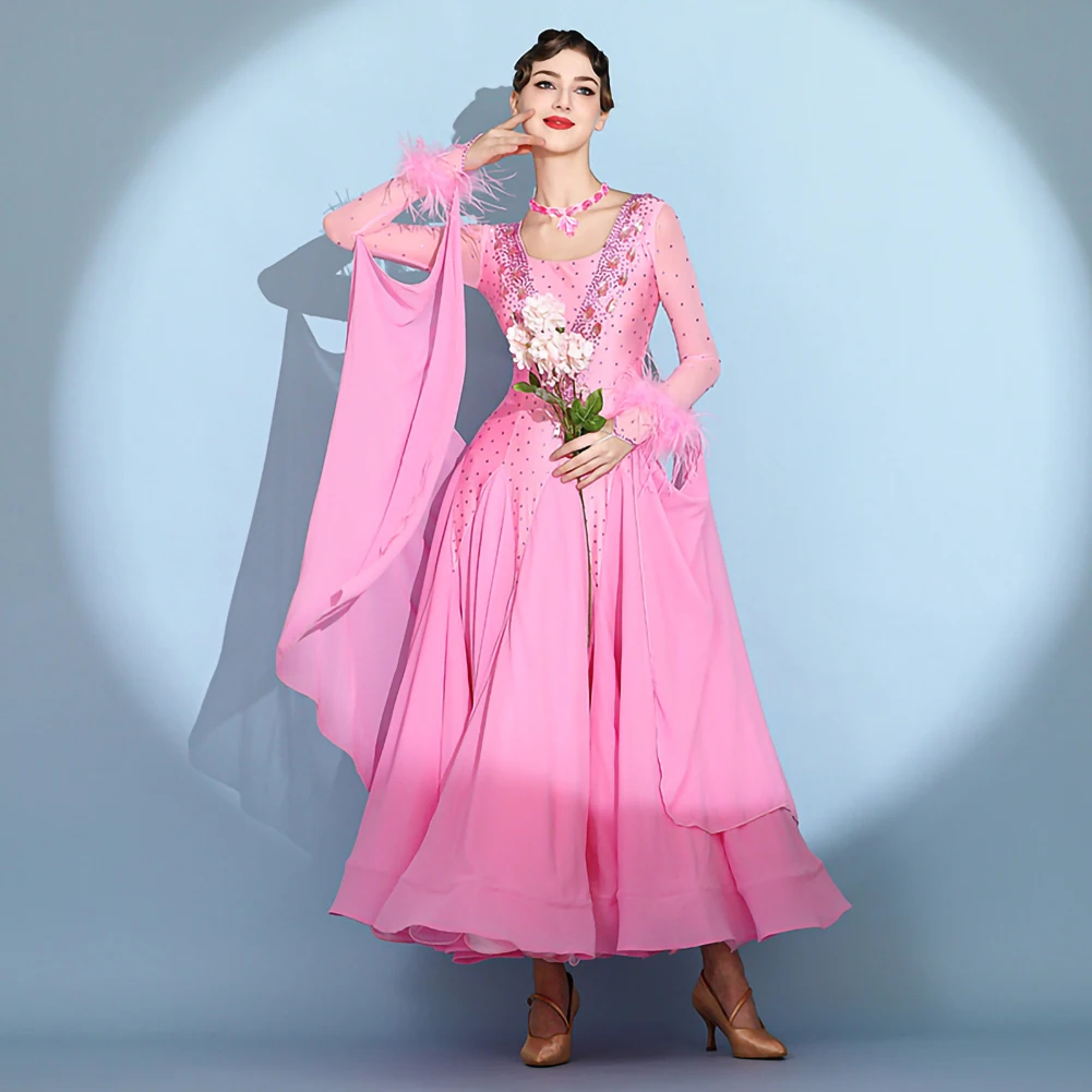 Ballroom Dance Dress Standard Pink Long Sleeves Rhinestones Slim Fit Tailor-made High-end Dance Skirt Competition Costume Luxury