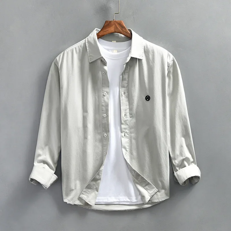 

Мужские рубашки с длинным рукавом в японском стиле, весна-осень, повседневные повседневные рубашки из чистого хлопка, рубашка с лацканами и вышивкой букв, свободный мужской топ 4XL