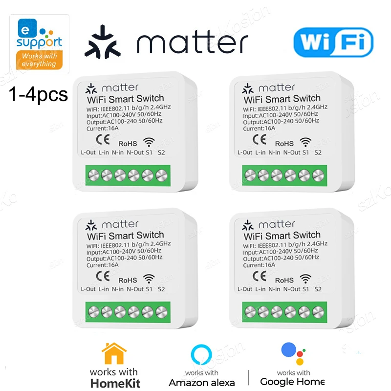 1-4PCS Matter WiFi Smart Switch Compatible with Homekit eWeLink APP 16A Mini Relay Module Voice Control for Alexa Google