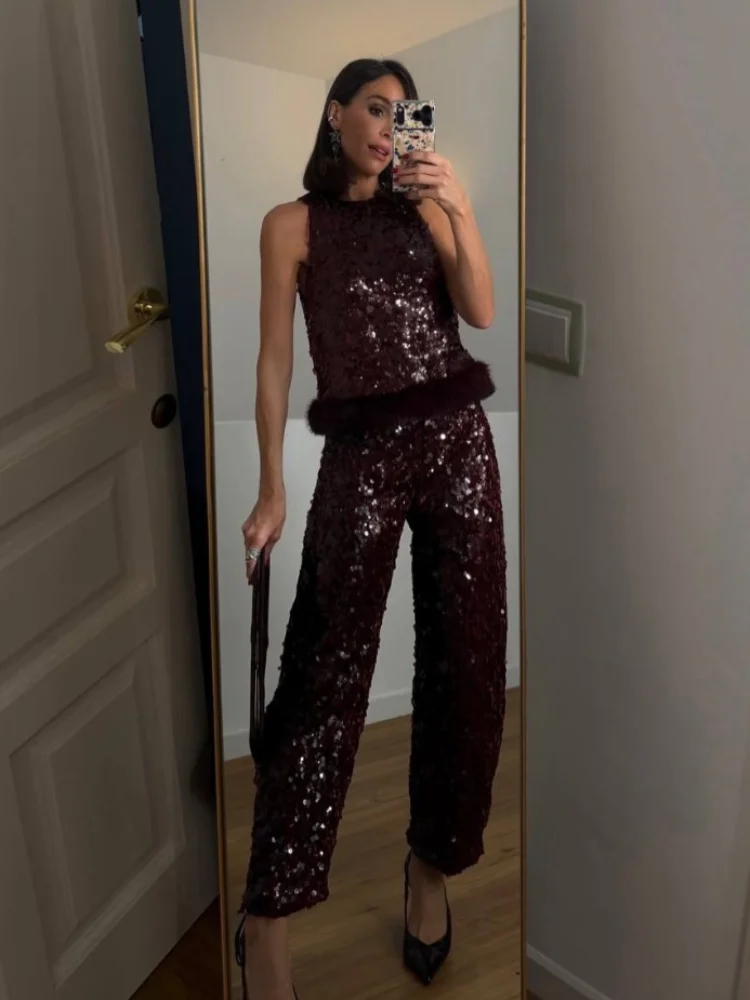 

Городской элегантный женский костюм с блестками, скромные женские топы, брюки, вечерние женские модные осенние костюмы