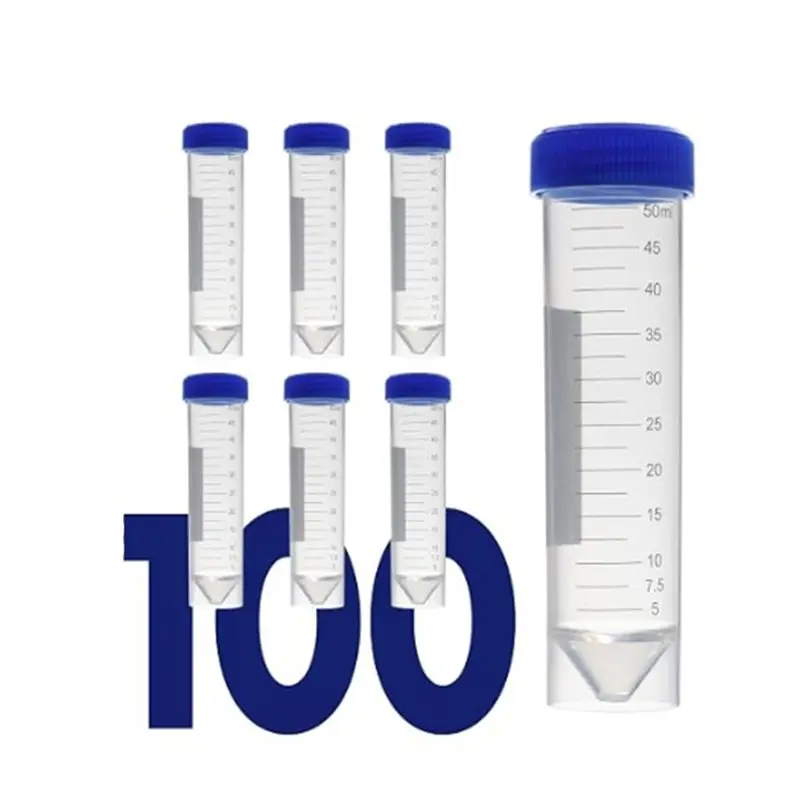 100Pcs 50Ml Self Standing Centrifuge Tubes With Screw Cap Lid, Lab Grade Polypropylene Plastic, Printed Graduation