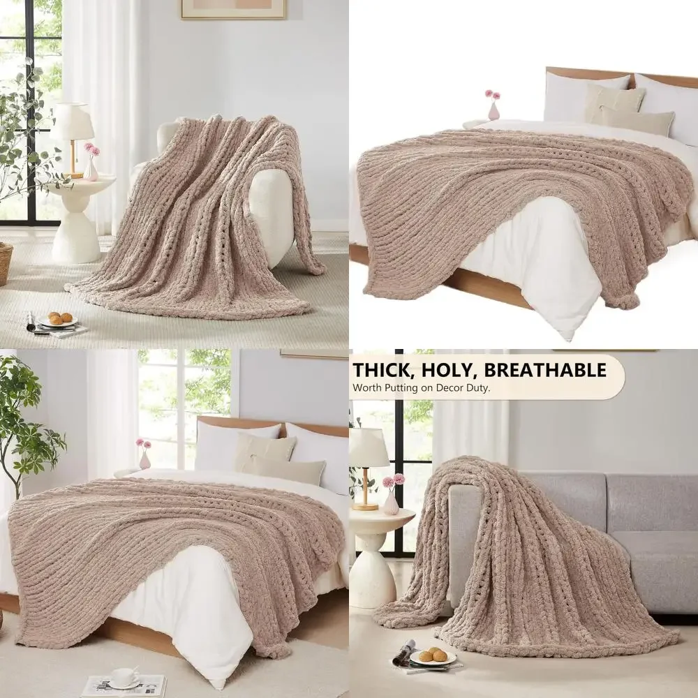 

Большое вязаное плед-покрывало ручной работы из синели 72x84 дюйма - плюшевый вязаный плед для кровати или дивана (светло-серо-коричневый)