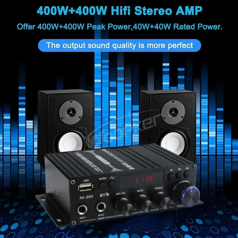 AK390 BT 5.0 HiFi Power Amplifier 400Wx2 Stereo Digital AMP BASS Media Player Supports FM Radio AUX Microphone Input