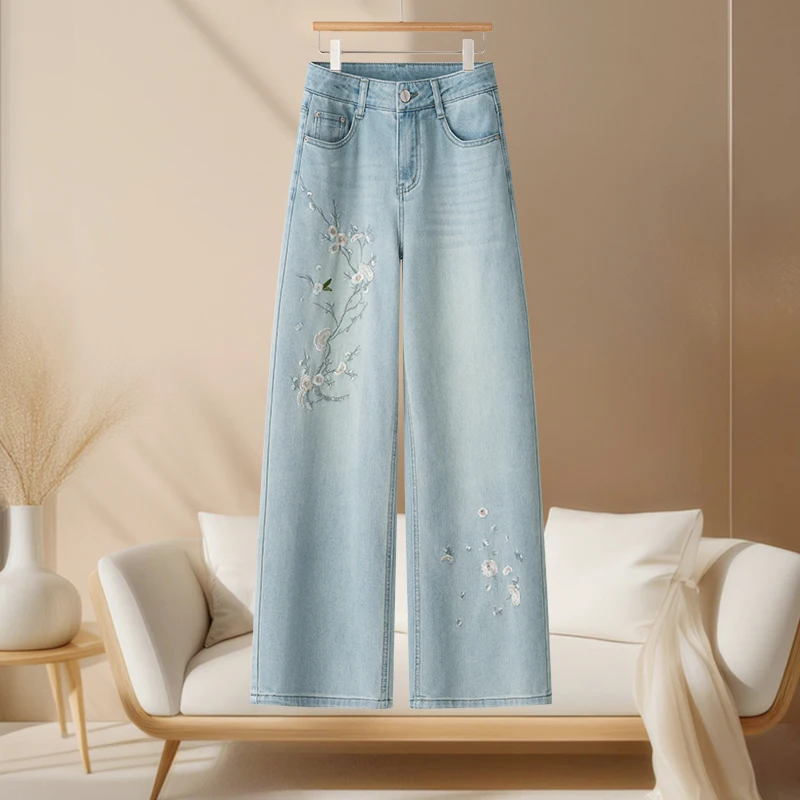 

Embroidered Denim Wide Leg Pants Women's Summer New High Waist Straight Cut Slimming Versatile Casual Jeans