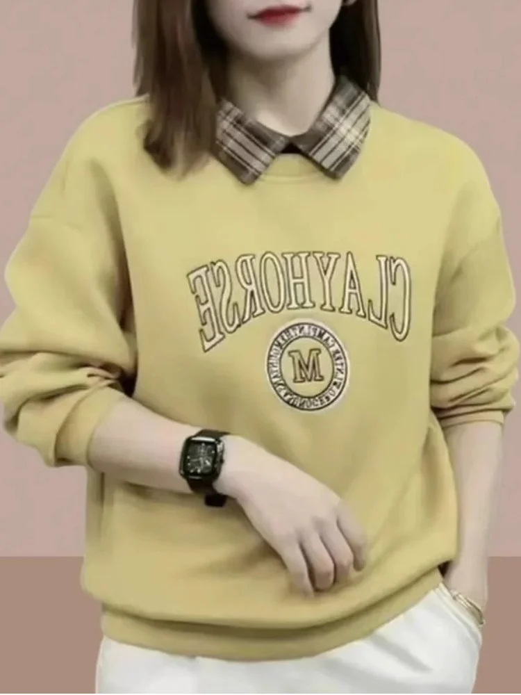 

Весна-осень 2024, женский свитшот с воротником irt, свободный, моющийся, антивозрастной, ложный, из двух частей, с принтом, длинный свек, корейский...