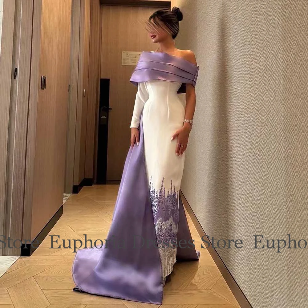 Luxe Cocktailjurken 2025, Satijn Schede/Kolom Feestjurken Taro Pur en Ivoor Off-the-shoulder Kralen Gedrapeerde Galajurken