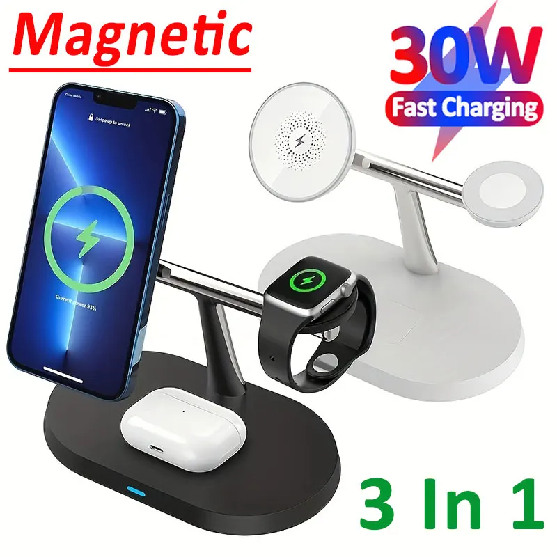 3 in 1 30W Magnetic Wireless Charger Stand Macsafe For iPhone 15 14 13 12 Apple Watch 8 7 6 Airpods Pro Fast Charging Station