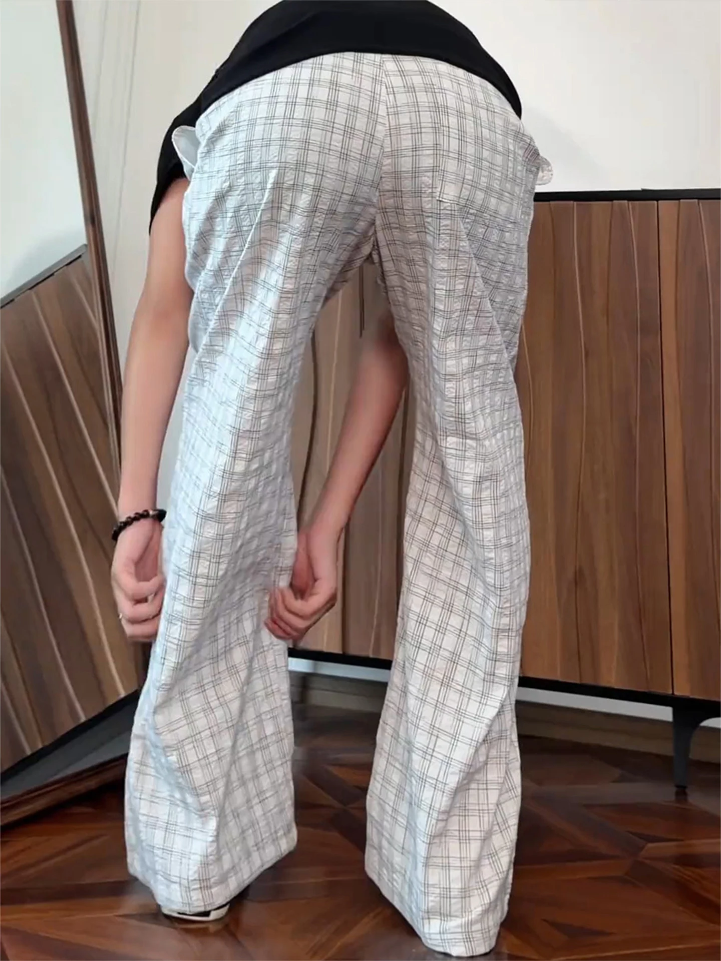 White Bubble Cloth A-Line Knife  Checkered Pants Men Summer Thin Breathable Loose Drapey Wide Leg Pants Casual Style