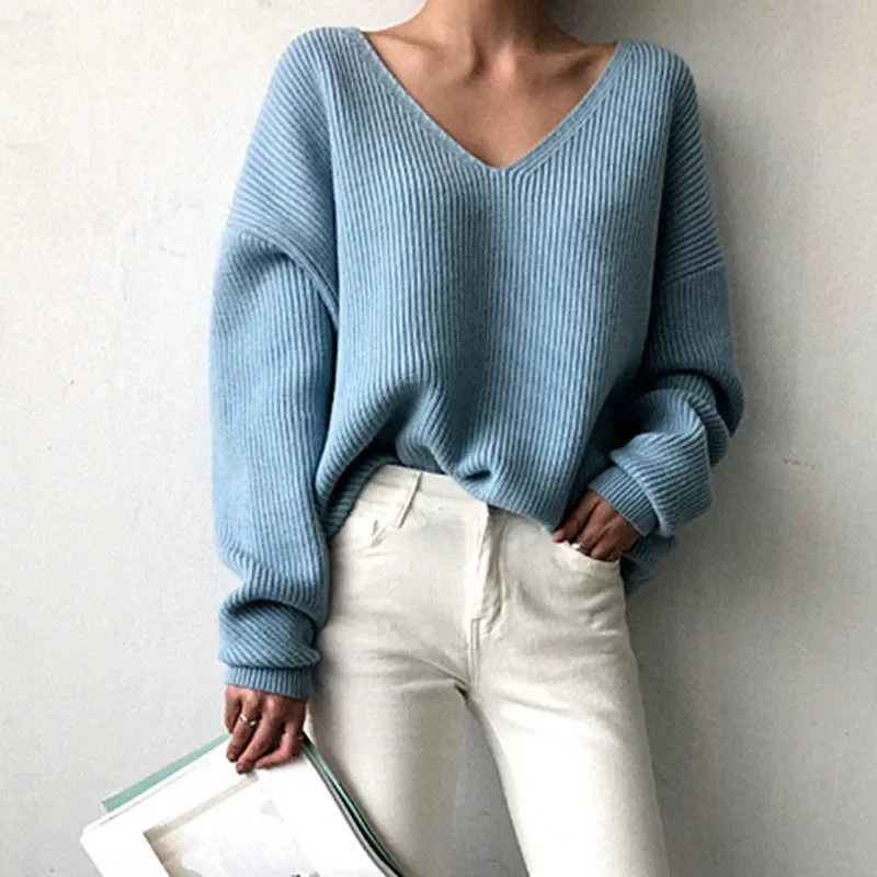 Fashion Autumn Korean Knitted Solid Sweater V-Neck Tops Winter Casual Loose White Pullover Women Clothes Pull Femme Elegant