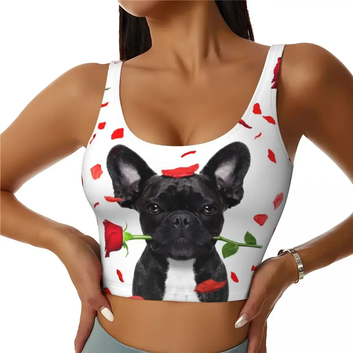 

Yoga Vest Women Gym Sports Crop Tops French Bulldog Dog Rose Valentines Day Streetwear Workout Breathable Tank Top Female