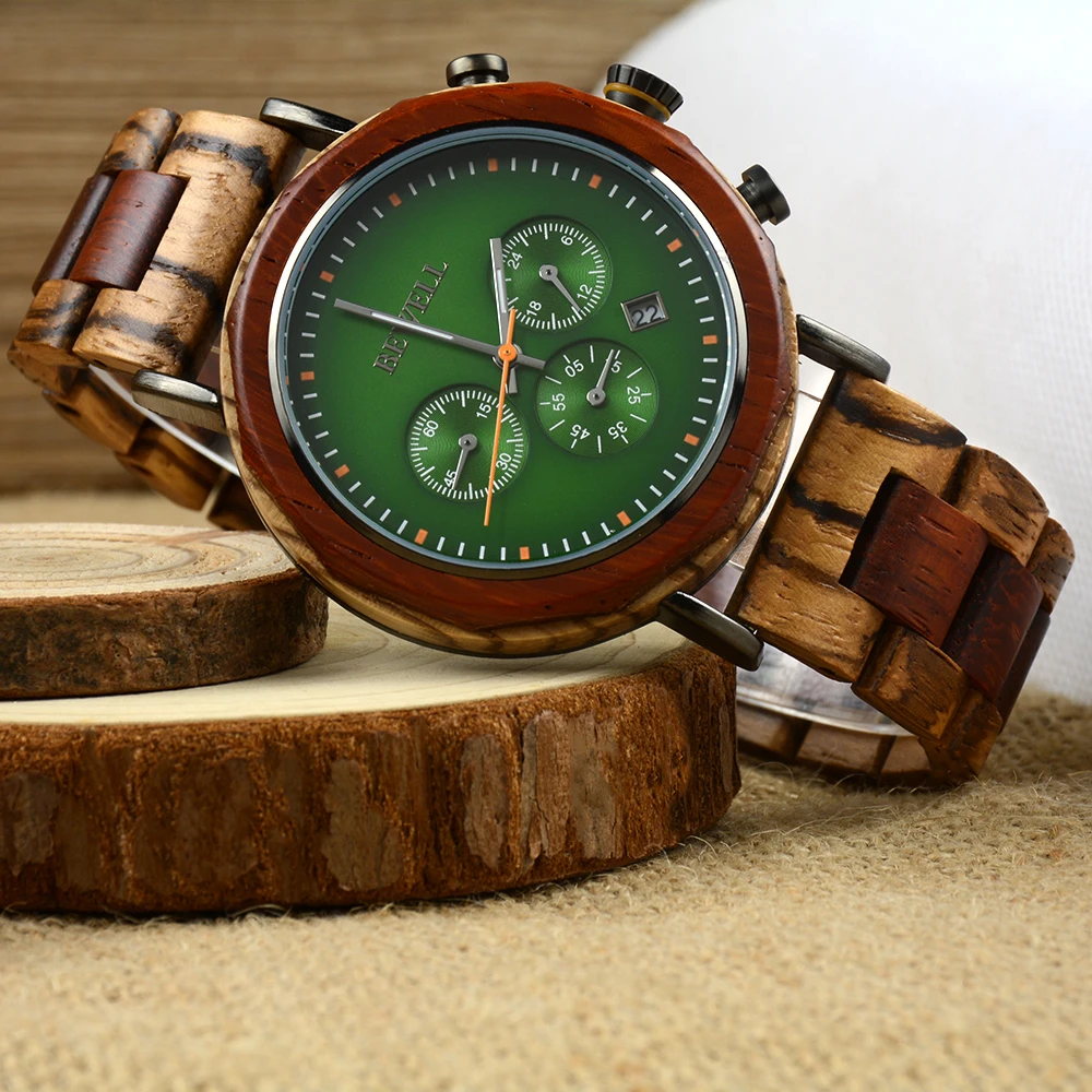 Bamboo Wood Japanese Movement Basic Chronograph Calendar Function Business Style Suitable for Christmas Gifts