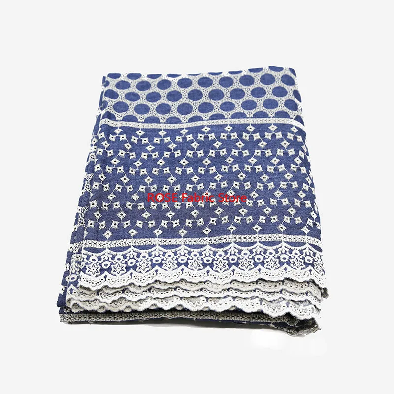 Tessuto di cotone blu con ricamo floreale per abito Boho, abito da sposa, abito estivo, gonna