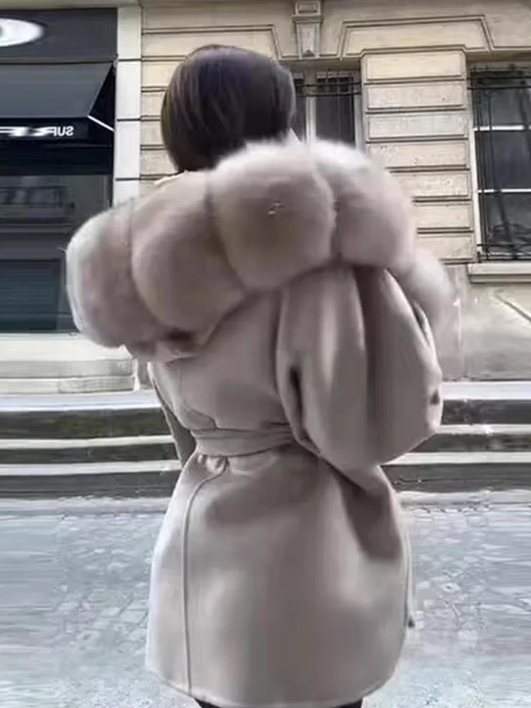 

HH Woman Fashion Long Sleeves Pockets Solid Faux Fur Collar Bow Lace-Up Decoration Commuting Winter Hooded Woolen Long Coat