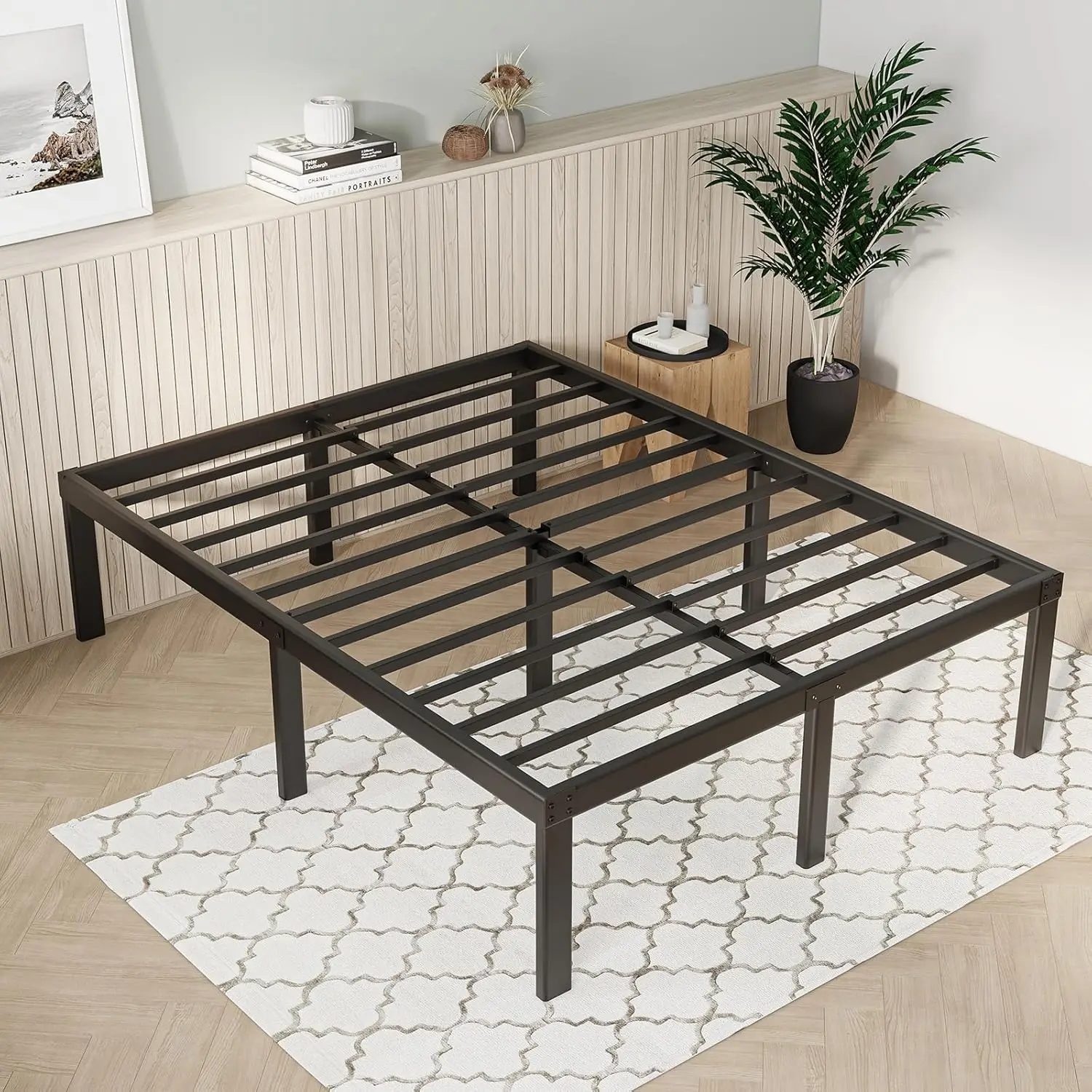 Metal Frame Plataforma Cama com Espaço De Armazenamento, Heavy Duty Suporte Slat Aço, Sob a Cama, Queen Size, 14"