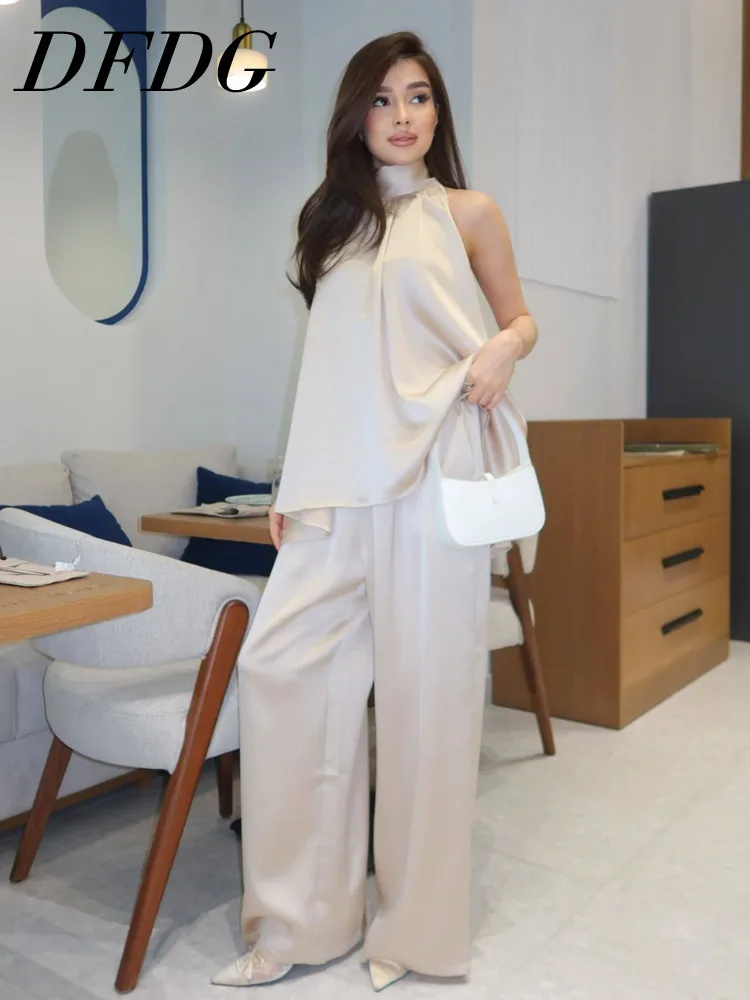 

DFDG Women 2026 Spring Summer Satin Halter Two Piece Loose Sleeveless Top High Waist Wide Leg Pants Elegant Office Casual Set