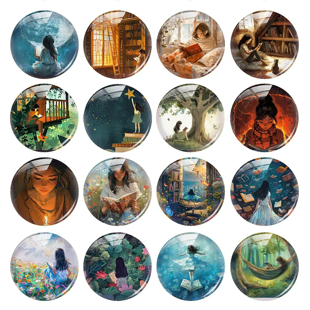 Random Mixed Round/Oval/Square Love To Read Book Girl Photo Glass Cabochon Flatback Demo Cameo For Diy Jewelry Making Handmade