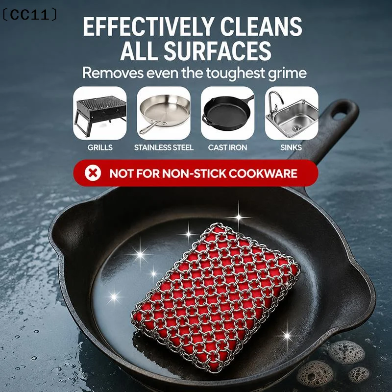 Stainless Steel Chainmail Scrubber Rust Proof Metal Sponge For Cast Iron Skillet Pan Cookware Cleaning Tool〔CC11〕