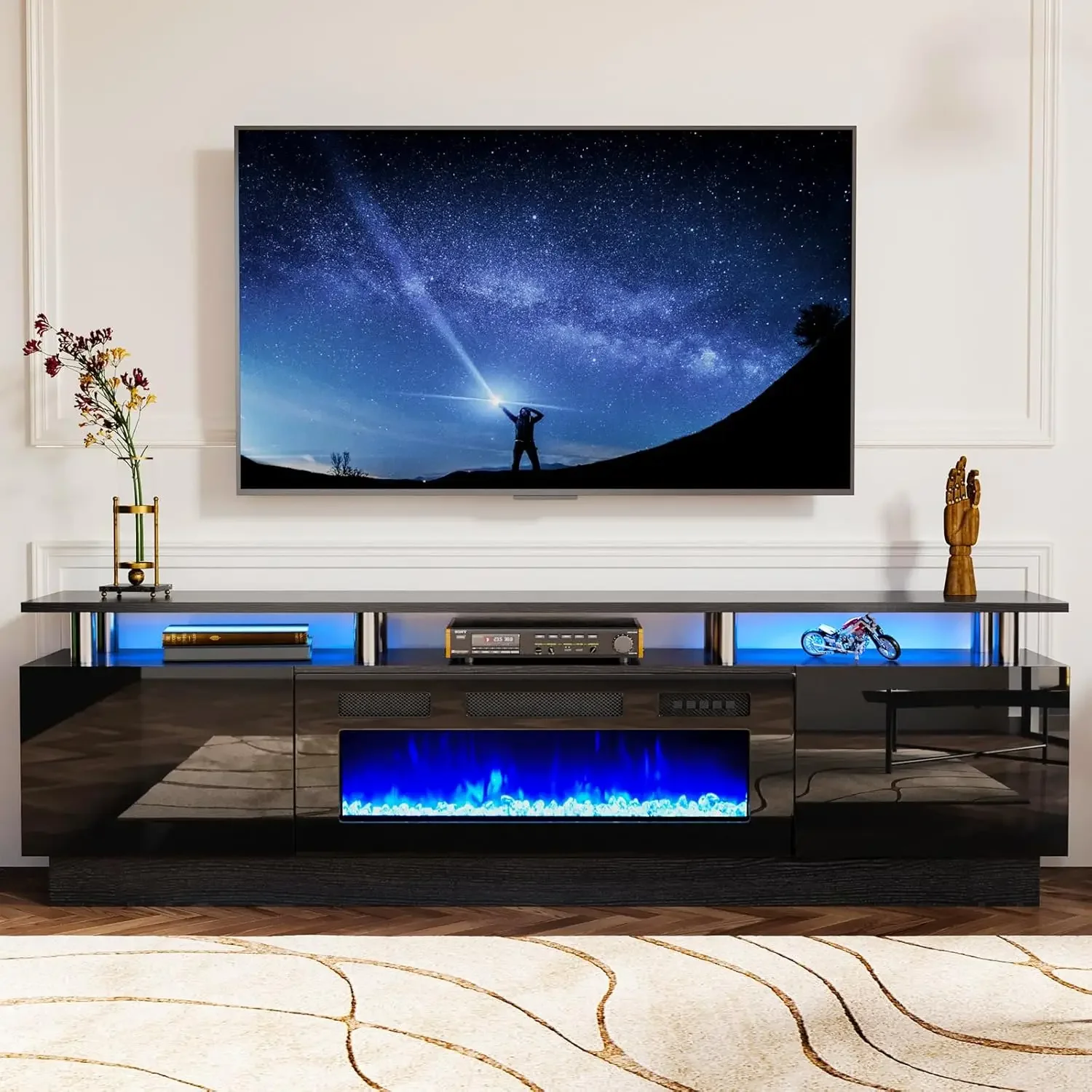 

oneinmil 70" Modern Electric Fireplace TV Stand for TVs Up to 80 inch, with Electronic Flame and LED Lights, Luxury High Gloss