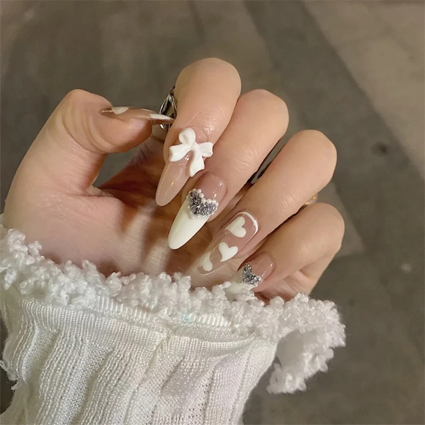 24PCS/Box Bowknot Rabbit Pattern Pearl Short Square Designer Fashion Design French Style Full Covering Pressed Fake Nails