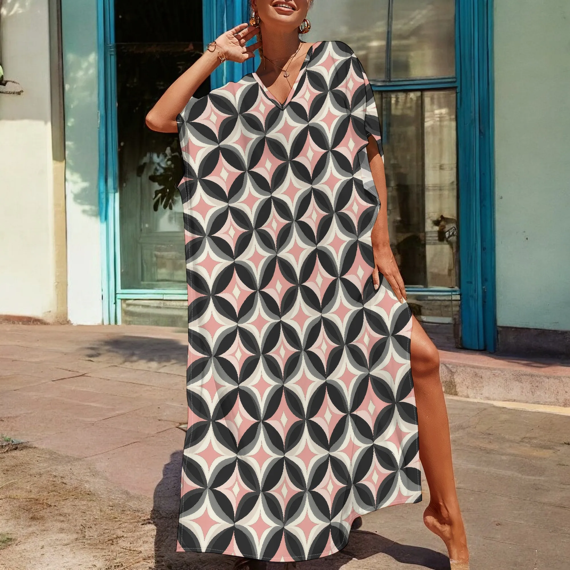 

Geometric Floral Kaftan Dress S-3XL Afro Style V-Neck Loose Gown for Art Gallery, Brunch or Resort Vacation