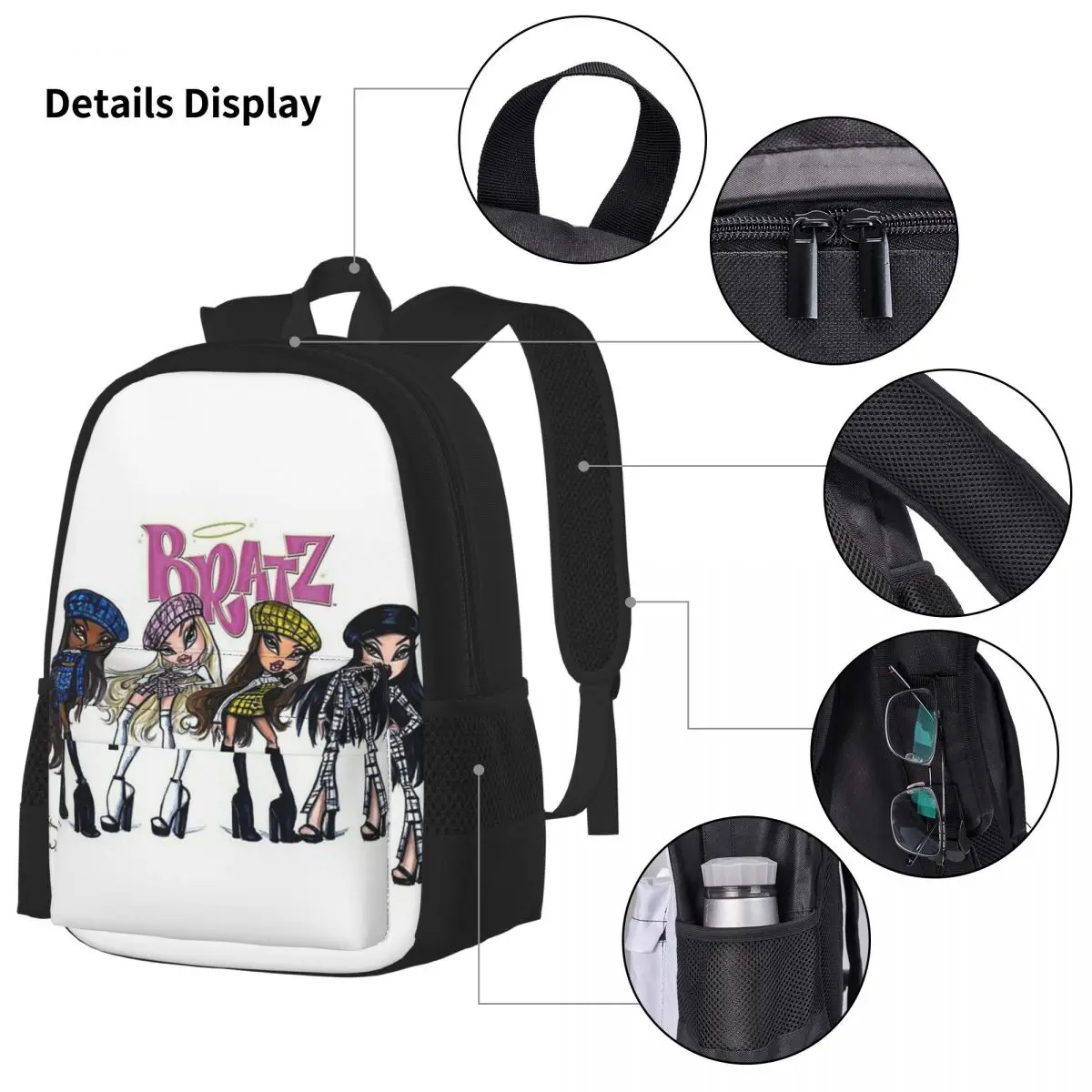 Bratz-mochila Rock Angelz para niños y niñas, morral escolar de dibujos animados, bolsa de almuerzo, juego de tres piezas