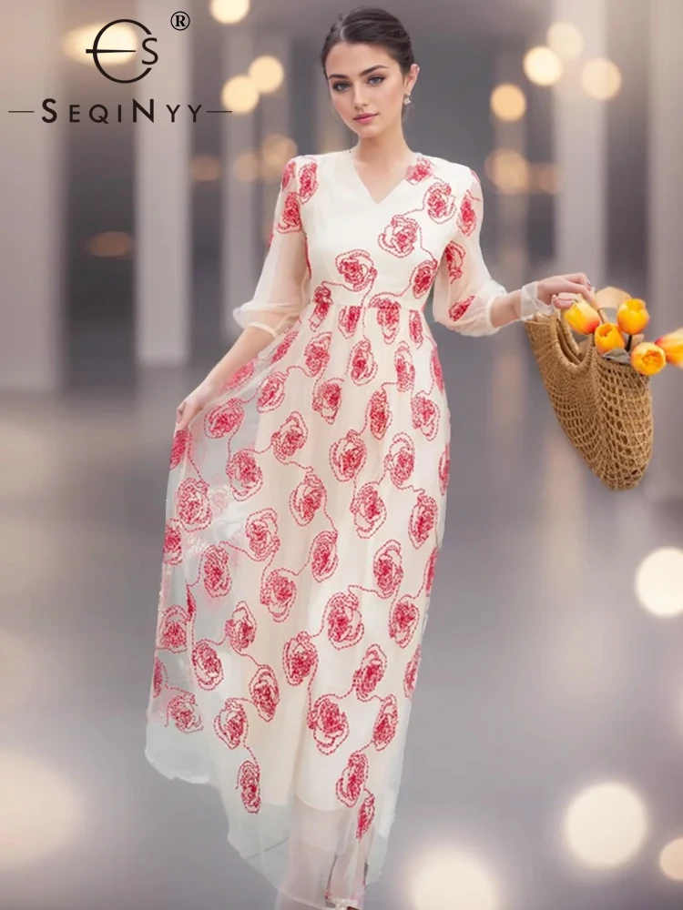 

SEQINYY Elegant Beige Dress Midi Summer Spring New Fashion Design Women Runway Beading Embroidery Red Flower High Street Casual