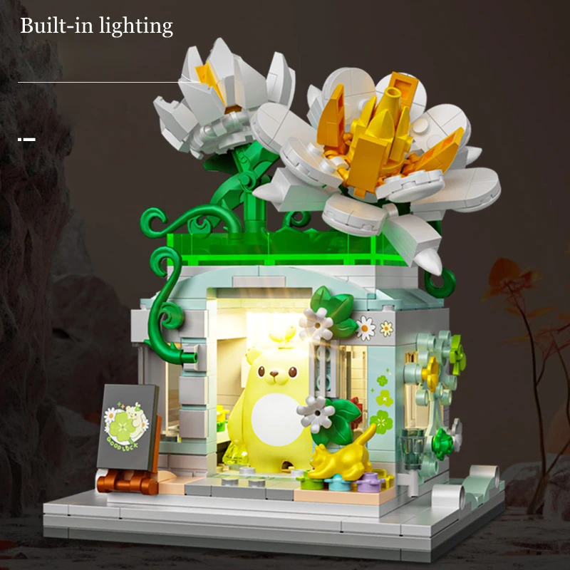 Idea Flower World City Steet View Mini Block Gardenia Lotus Sunflower Cherry Blossom Shop Build Brick Bear Figure Toy With Light