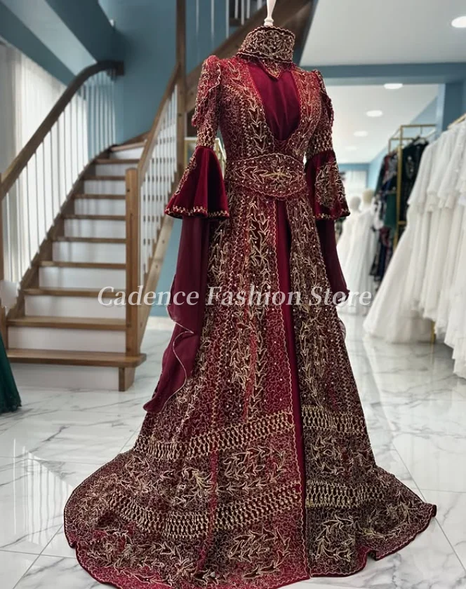 Abiti da sera tradizionali Dubai bordeaux personalizzati Abiti da festa di lusso con applicazioni in pizzo Abiti da ballo arabi Abiti da festa