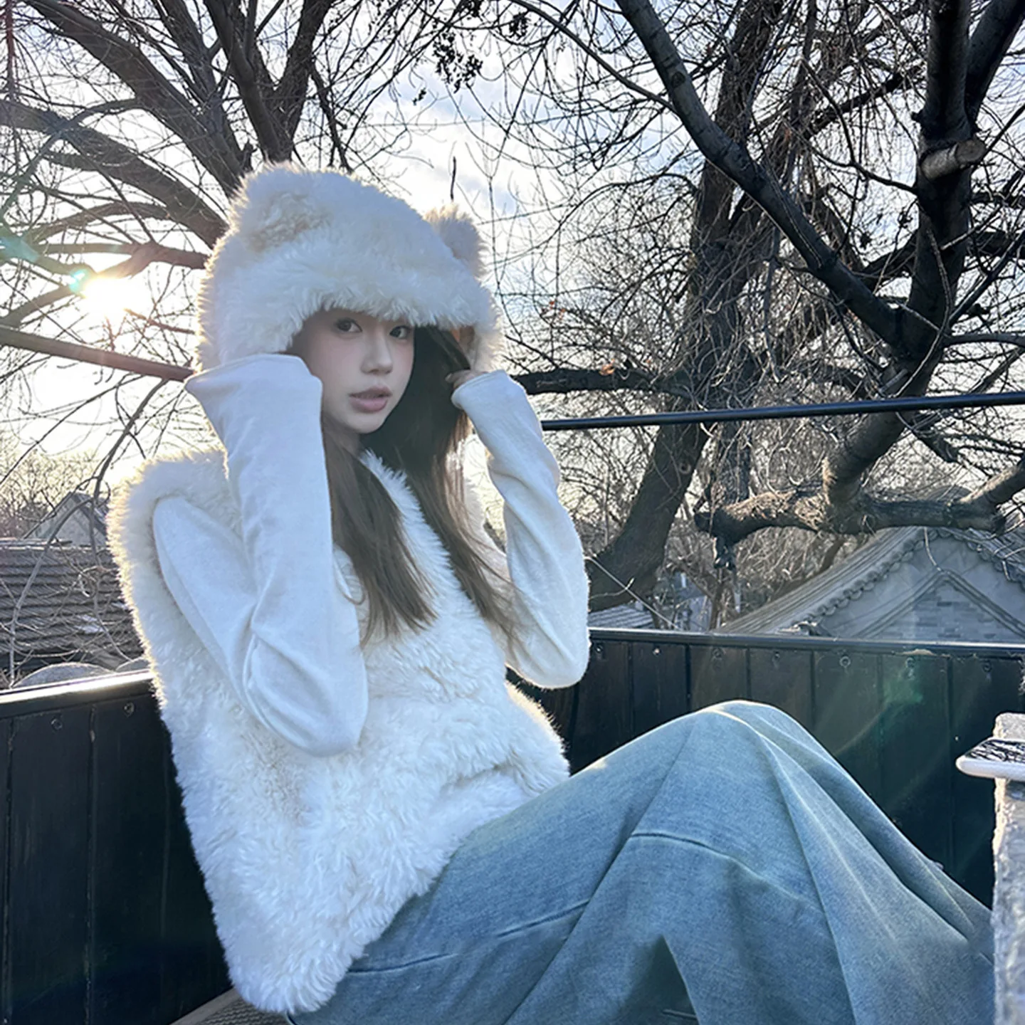 Winter Lamb Fur Vest Coat for Women Thick Warm Fuzzy Vest with Bear Ears Loose Faux Fur Vests
