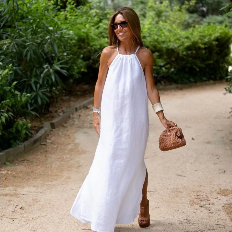 

Summer Halter Slit Cotton Linen Dress Vintage Simple Style Sleeveless Solid Vestidos Maxi Dress Women's Loose Holiday Party Robe