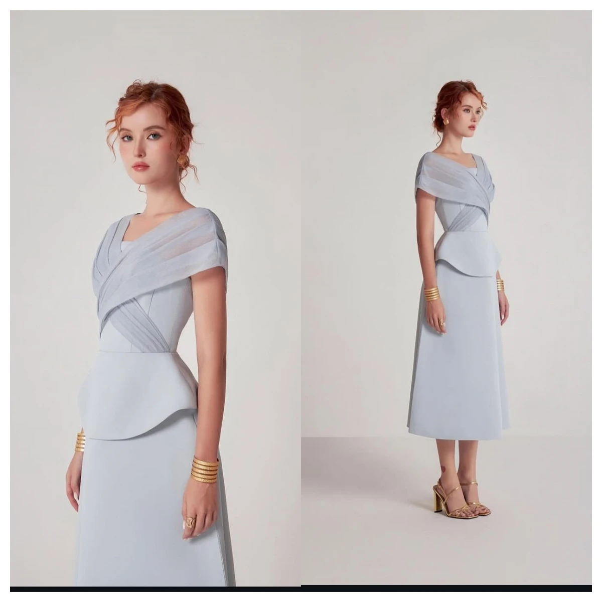 

Customized Modern silvery Jersey Evening Dress V-Neck Off the Shoulder Short Sleeves Celebrity Gowns Vestido De Festa Fashion