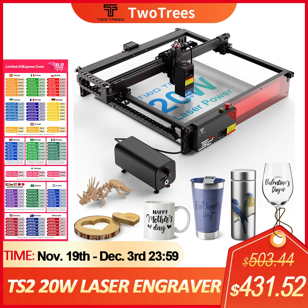 Twotrees TS2 Laser Engraver 20W Laser Power Auto Focus Laser Engraving Machine Cutting 15mm Plywood With Flame Detection System