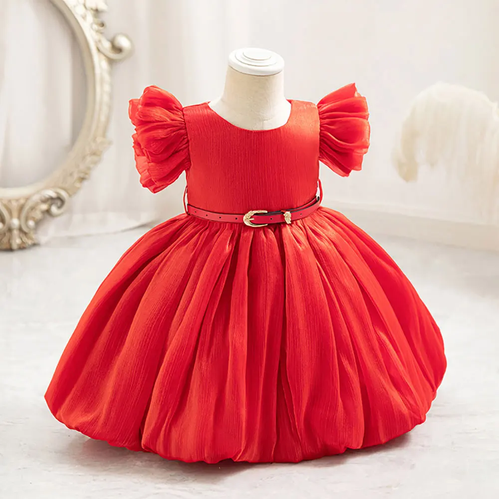 

HETISO Toddler Girls Puff Sleeve Leather Sash Tulle A-line Dress Red Christmas Baby New Year Ball Gown 0-4 Years