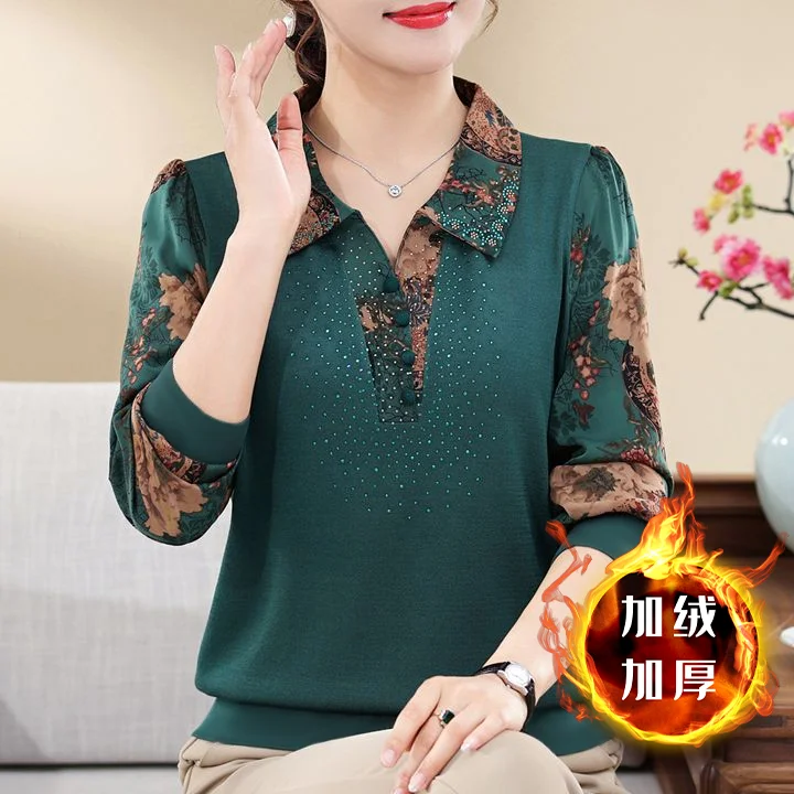 Large Size Middle-aged and Elderly Mother Shirt Autumn and Winter New Retro Printed T-shirt Loose and Slimming Collared Top