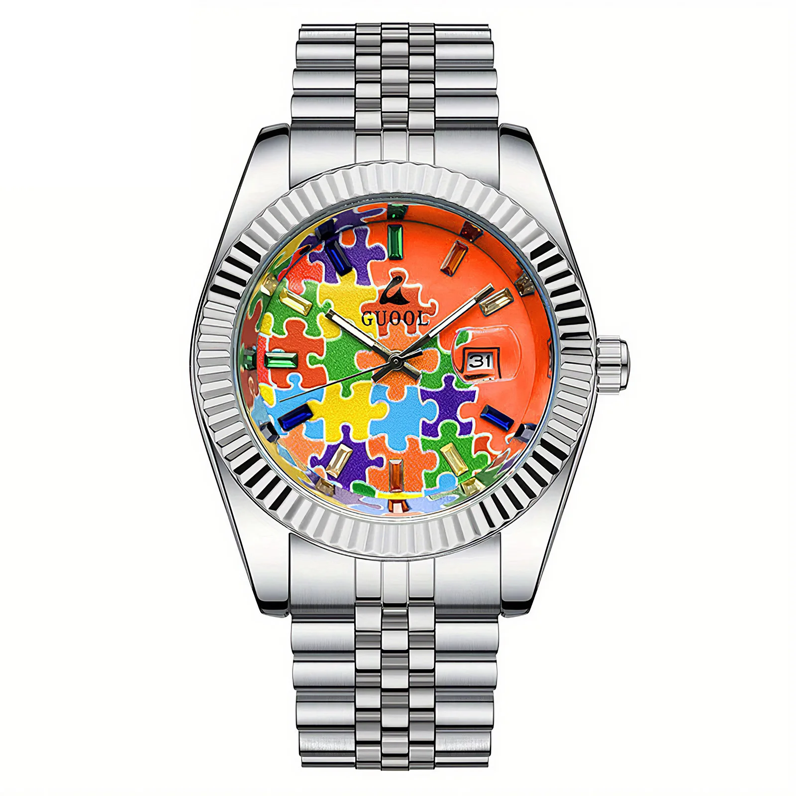 New Hot-Selling Men's Stainless Steel Five-Link Steel Band Watch with Puzzle Pattern, Business Style, Round Case, Calendar Display Function, Valentine's Day Gift, Father's Day Gift, Holiday Gift, Halloween Gift, Christmas Gift, Thanksgiving Gift view 4