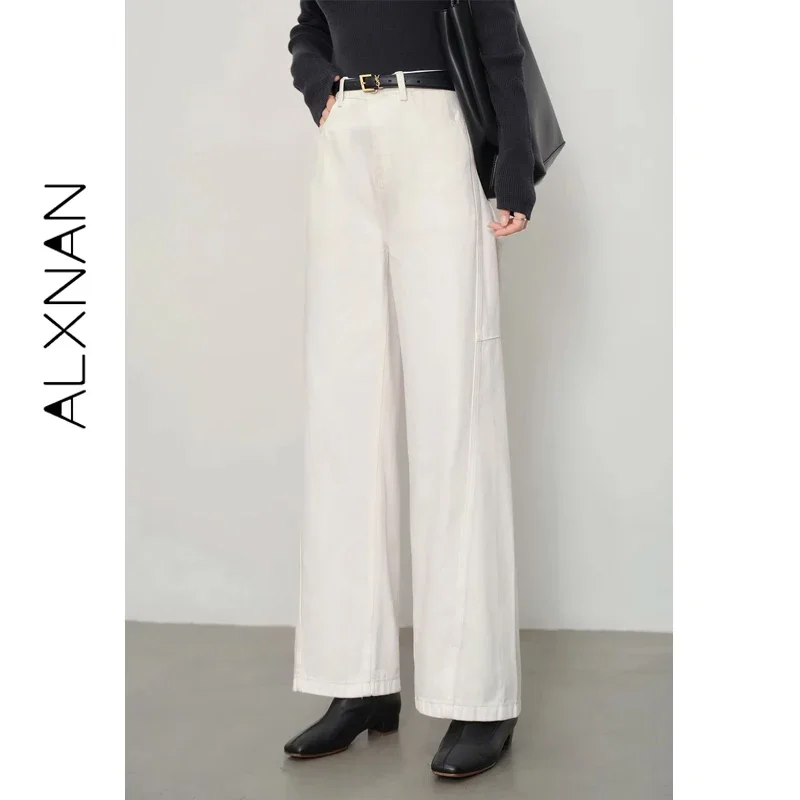 ALXNAN Women's White Jeans Autumn Straight Wide-leg 100% Cotton Denim Jeans 2026 Fashion Casual Office Lady Baggy Pants L569165