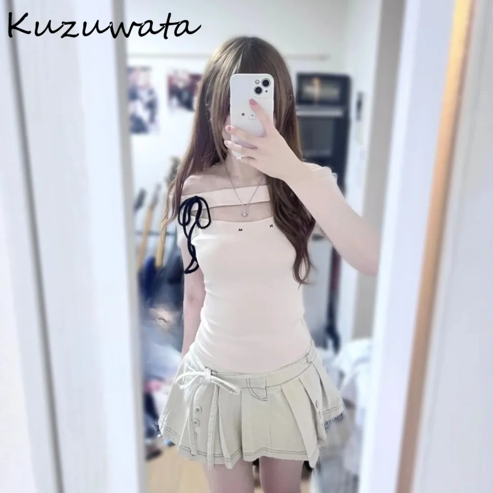 

Kuzuwata Slash Neck Half Sleeve Off Shoulder Solid T-shirt Short Hollow Out Lace Up Top Female Japan Student All-match New Mujer