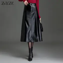 ZUZK Women Pu Leather Long A-Line Skirt With Belt 2022 Autumn Winter Fashion  High Waist Elegant Office Lady Skirt