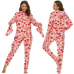 Heart Print Bodysuit Sexy Adult Pajamas Women Long Sleeve Hooded Fleece Home One Piece Jumpsuit Pink Sleepwear With Socks