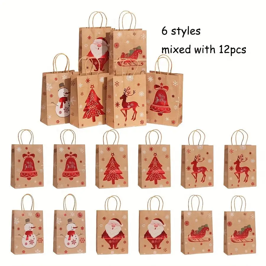 12pcs-Combination Set of Hot Stamping Christmas Theme Gift Bags,Tote Bags,Made of High-Quality Kraft Paper Material,Aesthetic