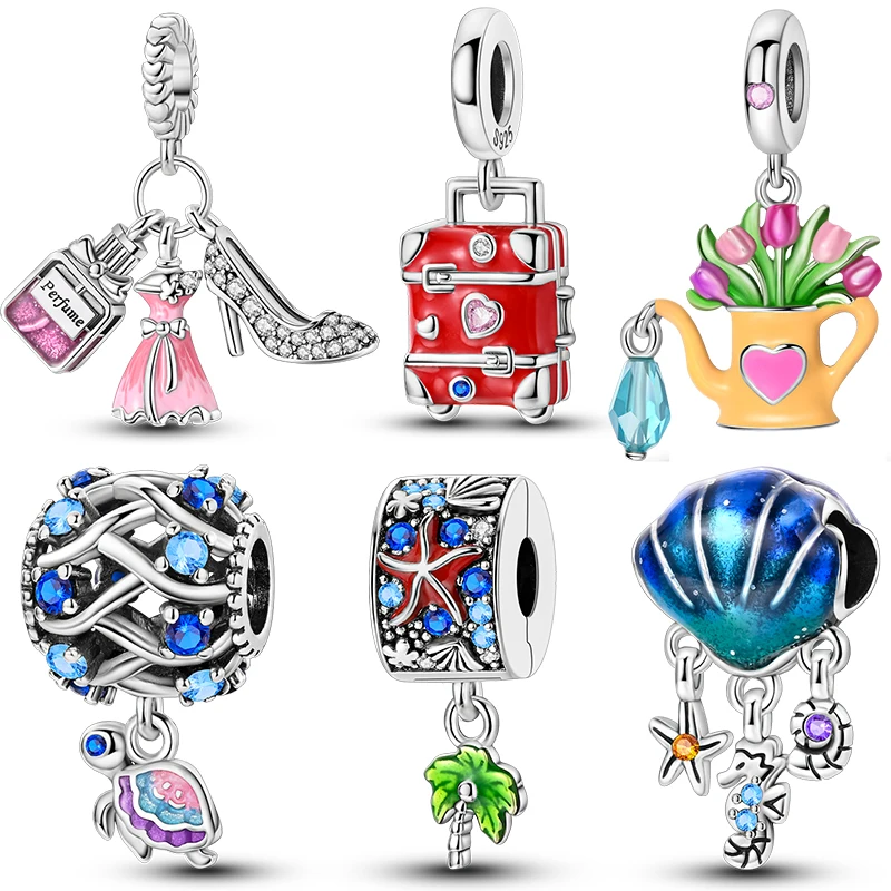 

Summer New 925 Silver Red Love Suitcase Charm for Original Beads Bracelet Necklace DIY Jewelry Birthday Vacation Exquisite Gifts