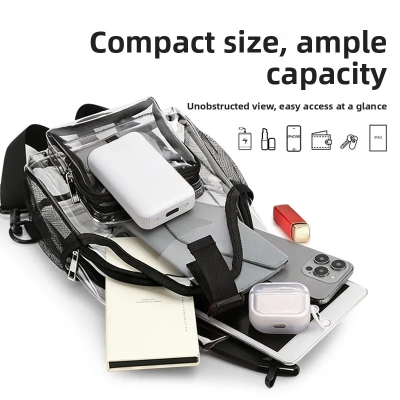 Bolsa Sling Transparente, Mochila de Peito em PVC Impermeável, Pequena, Aprovada para Estádios, Segurança Rápida para Mulheres e Homens em Eventos e Concertos
