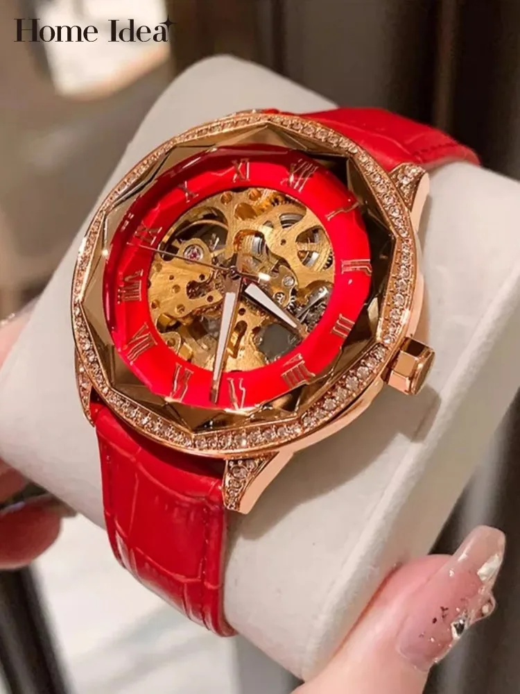New Elegant Women Mechanical Watch Fashion Genuine Leather Strap Pin Buckle Transparent Designer High Quality Luxury Wristwatch