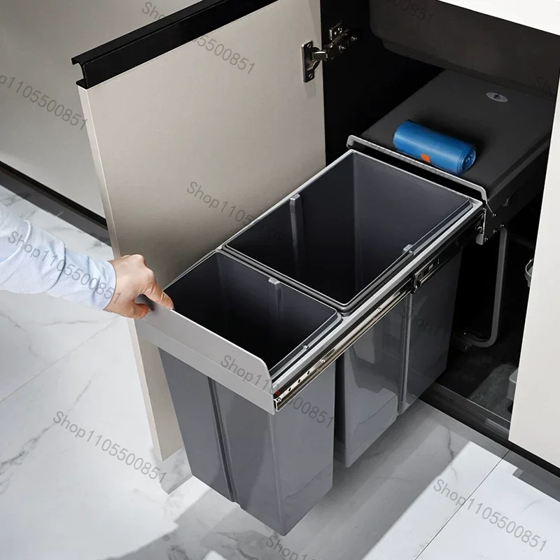 For Sink Cabinet Use, Built-in Cabinet Dual Compartment Sorting Trash Can, Hidden Kitchen Waste Cleaning Bin with Lid