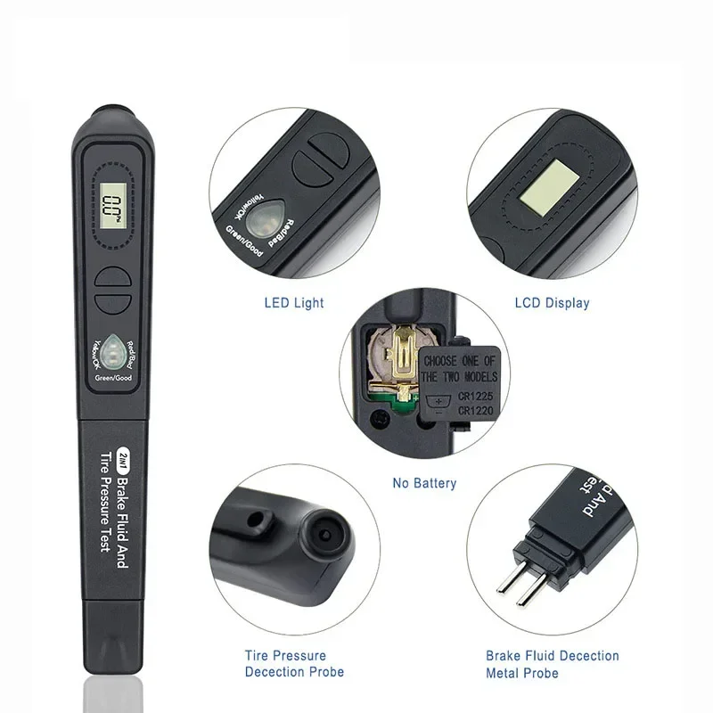 Newest Brake fluid oil TPMS tester pen 2 in 1 Car Liquid Testing For DOT3/DOT4 and Digital Tire Pressure Gauge With 5 LED light