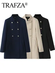 TRAFZA Winter Coats Woman Trendy Black Stand Collar Pockets Button Decorate Double Breasted Female High Street Coats 3 Color