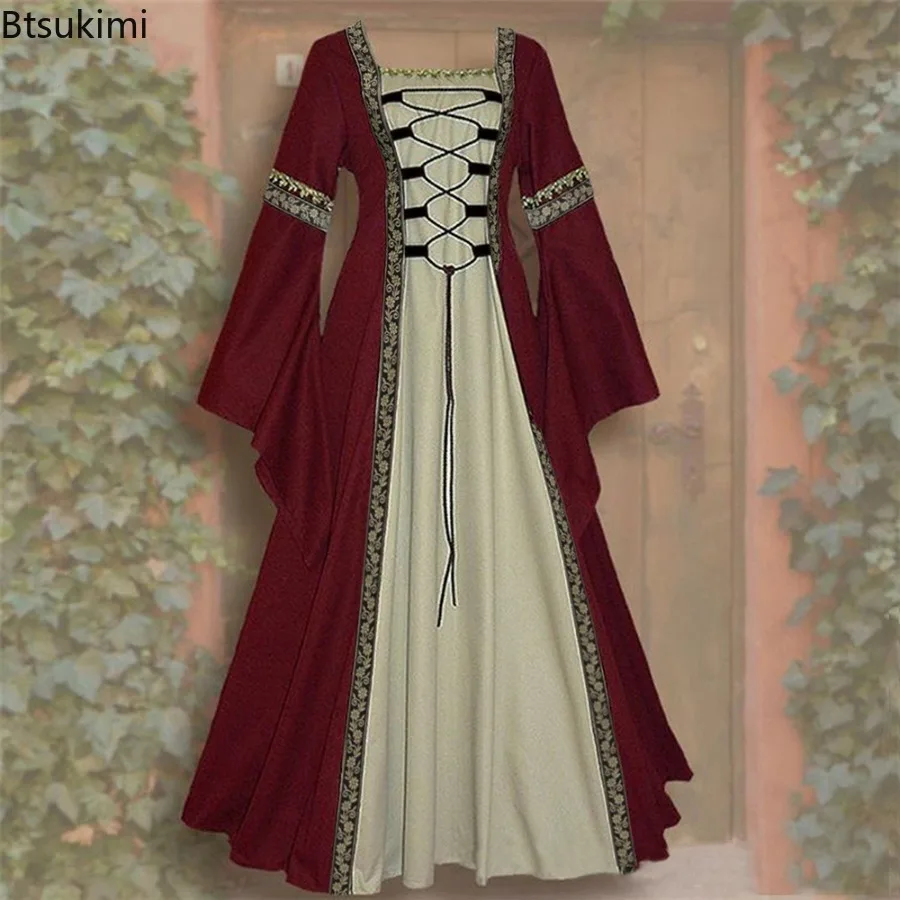 Vestido elegante de Reina de manga larga con cuello cuadrado Vintage para mujer, traje de Cosplay de vampiro de corte gótico Medieval, Carnaval, novedad de 2026