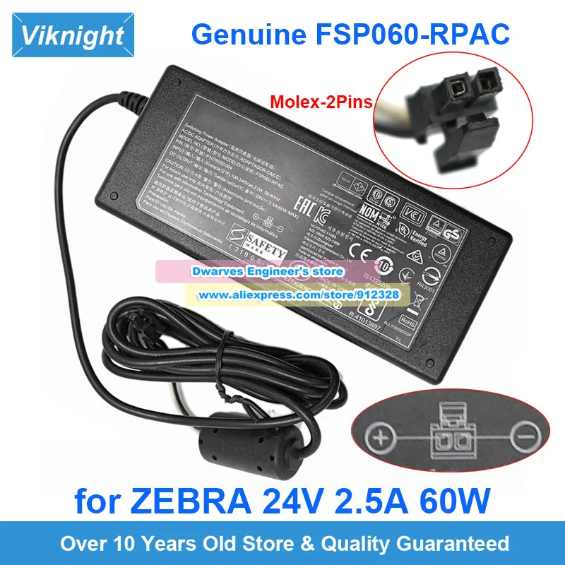 

Genuine FSP060-RPAC AC Adapter 24V 2.5A Laptop Charger for Zebra P1076000-004 Power Supply Molex 2 Pins